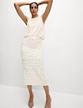 Disc Sequin Split Back Midi Pencil Skirt