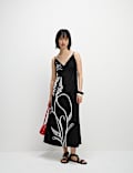 Linen Blend Embroidered V-Neck Slip Dress