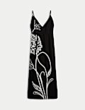 Linen Blend Embroidered V-Neck Slip Dress