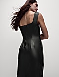 Faux Leather Square Neck Midi Column Dress