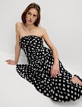 Robe longue en lyocell à taille ajustée, encolure en cœur et motif pois