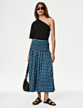 Cotton Blend Checked Midi A-Line Skirt