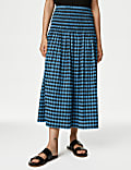 Cotton Blend Checked Midi A-Line Skirt