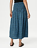 Cotton Blend Checked Midi A-Line Skirt