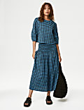 Cotton Blend Checked Midi A-Line Skirt