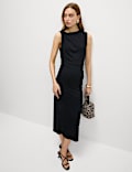 Round Neck Ruched Midi Bodycon Dress