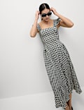 Cotton Rich Gingham Square Neck Midi Dress
