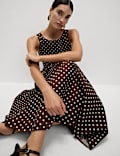 Robe midaxi à col rond, taille ajustée et motif pois
