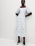 Linen Rich Printed Square Neck Midaxi Dress