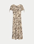 Animal Print Ruched Sleeve Midaxi Dress