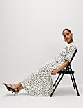 Printed V-Neck Puff Sleeve Midi Tea Dress