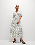 Printed V-Neck Puff Sleeve Midi Tea Dress