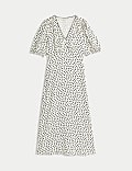Printed V-Neck Puff Sleeve Midi Tea Dress