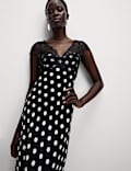 Polka Dot V-Neck Lace Detail Midaxi Tea Dress