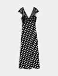 Polka Dot V-Neck Lace Detail Midaxi Tea Dress