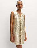 Gold Jacquard V-Neck Mini Shift Dress