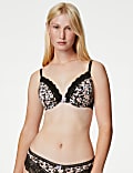 Printed Lace Trim Wired Plunge Bra A-E