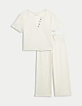 Cropped Cotton Blend Waffle Henley Pyjama Set