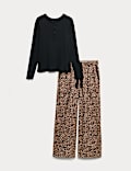 Cotton Blend Leopard Print Ribbed Pyjama Set