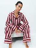 Ensemble pyjama &agrave; revers en coton satin&eacute; &agrave; manches longues et rayures