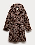 Robe de chambre en polaire imitation peau de mouton à imprimé léopard