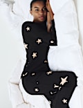 חולצת פיג'מה ריב עם שרוול ארוך וצווארון עגול בהדפס כוכבים