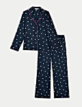 Fleece pyjama met platte kraag en print