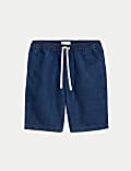 Linen Blend Denim Shorts with Elasticated Waist 