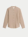 Camisa en mezcla de lino de algodón con cuello panadero a rayas