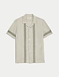 Cotton Linen Blend Embroidered Border Shirt