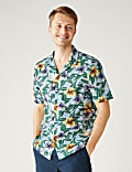 Chemise 100% coton à col cubain et motif fleuri