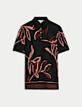 Linen Blend Floral Print Polo Shirt