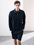 Cotton Rich Waffle Half Zip Long Sleeve Top
