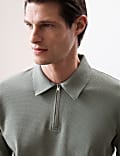 Cotton Rich Waffle Half Zip Long Sleeve Top