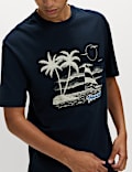 T-shirt με κλειστή στρογγυλή λαιμόκοψη, σχέδιο Hawaii και υψηλή περιεκτικότητα σε βαμβάκι