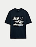 T-shirt με κλειστή στρογγυλή λαιμόκοψη, σχέδιο Hawaii και υψηλή περιεκτικότητα σε βαμβάκι