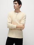 Pure Cotton Henley Waffle Long Sleeve Top