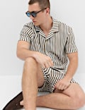 Cotton Blend Textured Striped Short Sleeve Shirt
