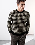 Pure Merino Wool Dogtooth Crew Neck Jumper