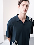 Embroidered Open Neck Knitted Polo Shirt