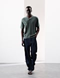 Pointelle Open Neck Knitted Polo Shirt