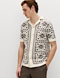 Pure Cotton Mosaic Button-Through Polo Shirt