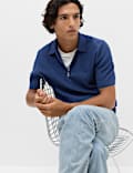Cotton Blend Ribbed Zip Up Polo Shirt