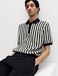 Pure Cotton Textured Striped Knitted Polo Shirt