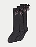 3p Cotton Rich Picot Knee High Bow Socks (6-8½ Small - 4-7 Large)