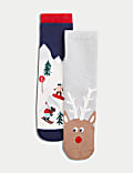 2pk Christmas Terry Ski Slipper Socks (6 Small - 7 Large)