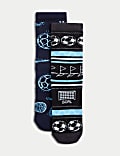 2er-Pack Frottee-Hausschuhsocken mit hohem Baumwollanteil und Fußball-Motiv (22,5–40,5)