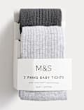 2pk Cotton Rich Ribbed Tights (0-3 Yrs)