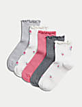 5pk Cotton Rich Floral Ribbed Ankle Socks (6 Small - 7 Large)