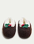 Kids' Christmas Pudding Faux Fur Slippers (9 Small - 7 Large)